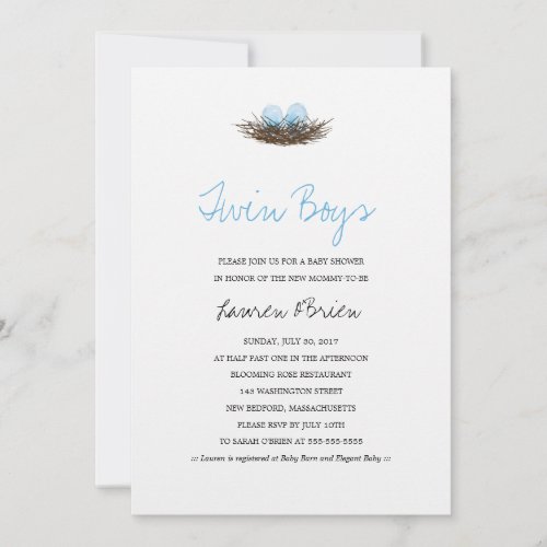 Watercolor Twin Boys Birds Nest Baby Shower Invitation