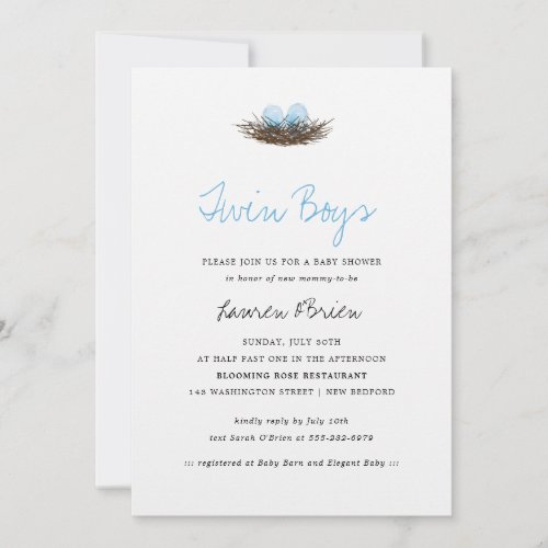 Watercolor Twin Boys Birds Nest Baby Shower Invitation