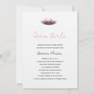 Watercolor Twin Girls Bird's Nest Baby Shower Invitation