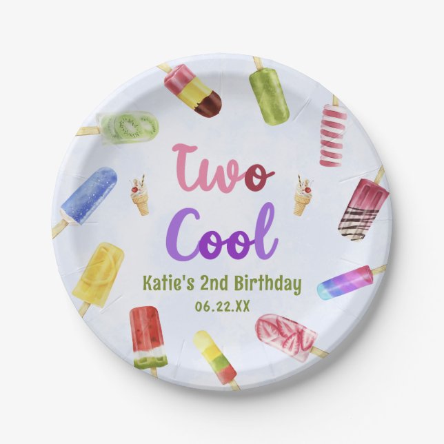 Watercolor Two Cool Popsicle 2nd Birthday Party Paper Plates (Front)