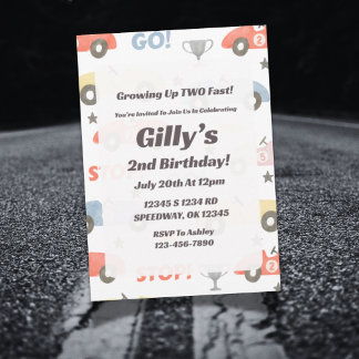 Watercolor "Two Fast" Race Car Birthday Invitation