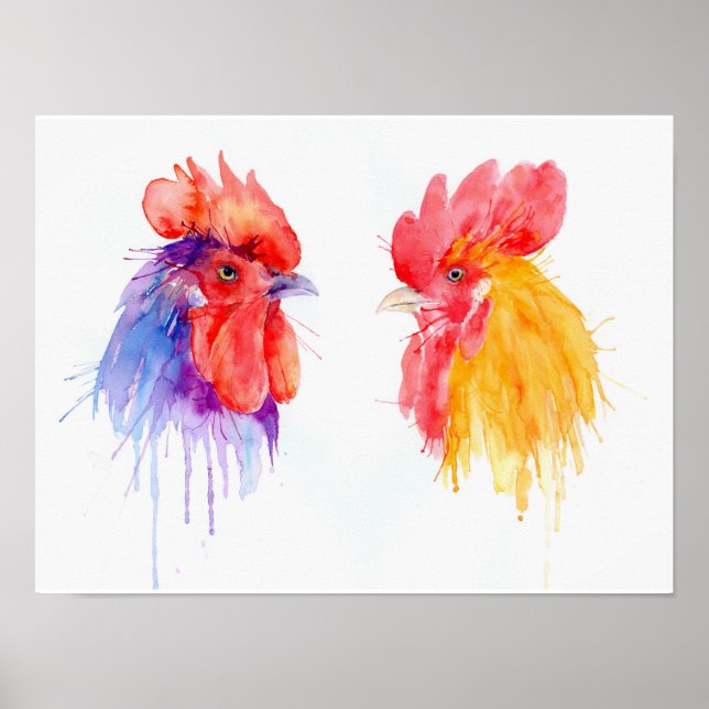 Watercolor Two Roosters Portrait Poster (Front)