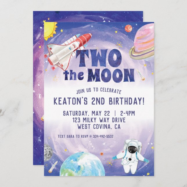 Watercolor Two the Moon Space Birthday Invitation (Front/Back)