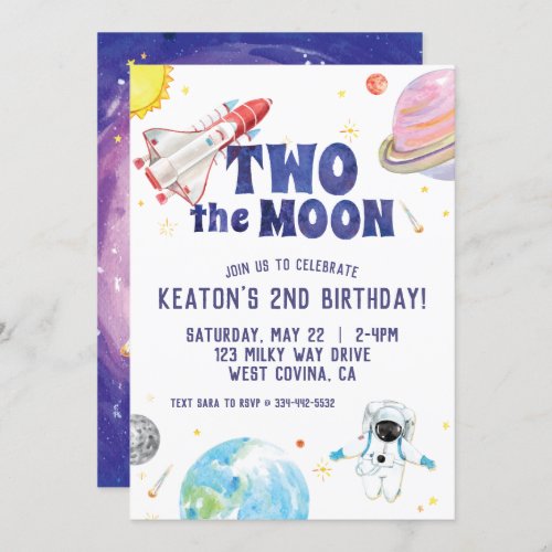 Watercolor Two the Moon Space Birthday Invitation