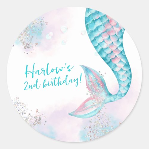 Watercolor Two the Sea Mermaid Birthday Party Classic Round Sticker