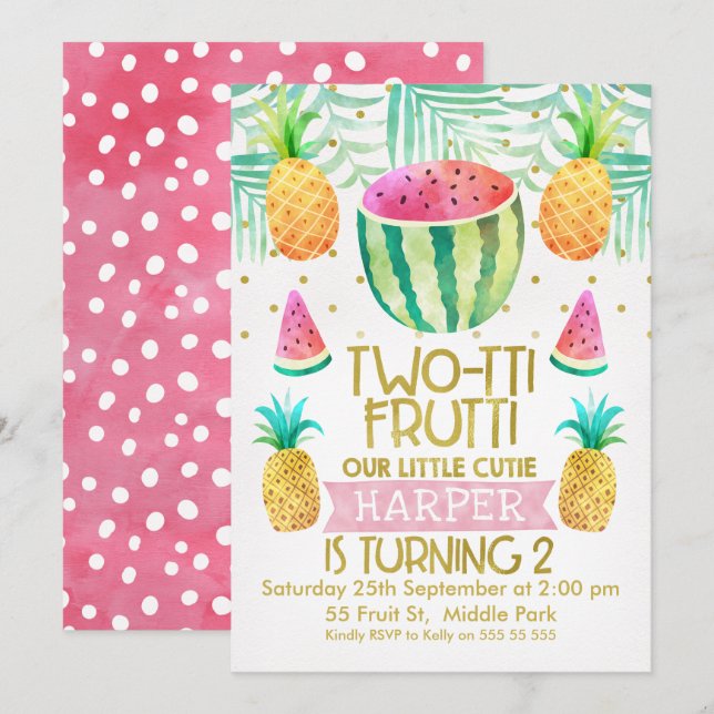 Watercolor Two-Tii Frutti 2nd Birthday Invitation (Front/Back)