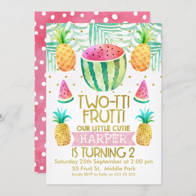 Watercolor Two-Tii Frutti 2nd Birthday Invitation (Front/Back)