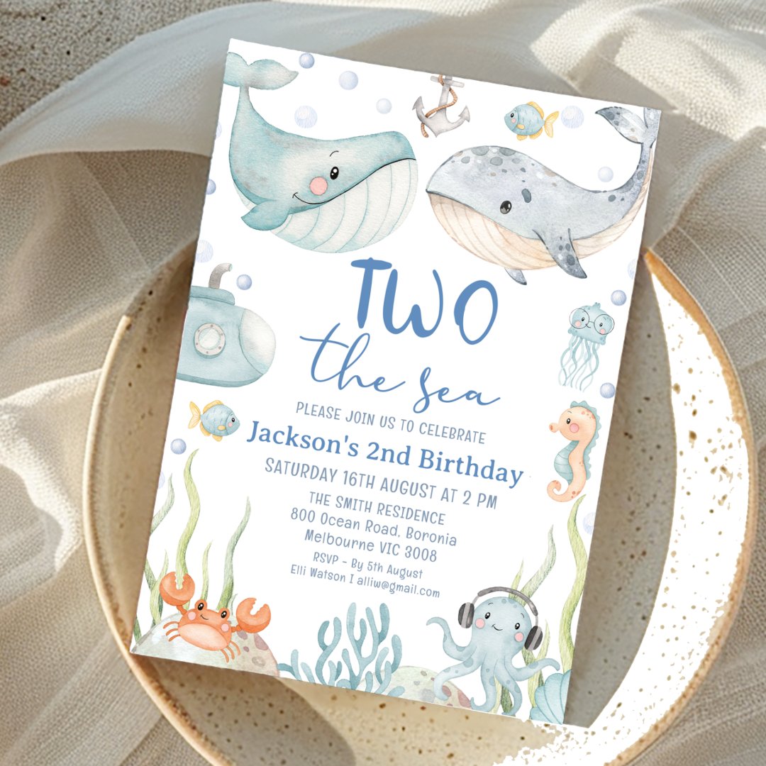 Watercolor Two Whales Two The Sea 2nd Birthday                    Invitation