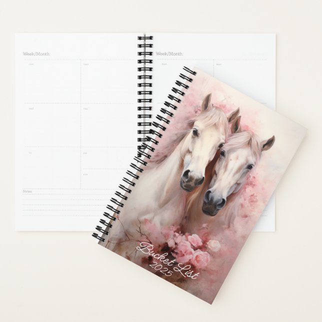 Watercolor Two White Horses Pink Floral Planner (Display)
