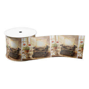 Watercolor Typewriter with Blank Sheet of Paper Satin Ribbon
