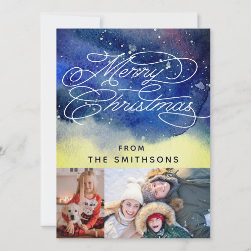  Watercolor  Typography Navy Blue 2 Custom Photos Holiday Card