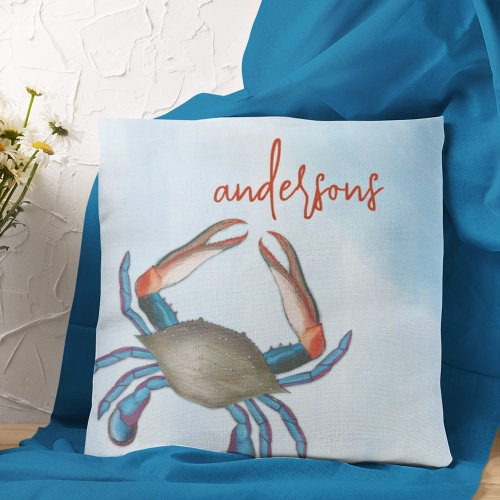 Watercolor Typography Personalized Blue Crab Throw Pillow