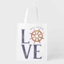 Watercolor Typography Ship's Wheel + Nautical LOVE Grocery Bag