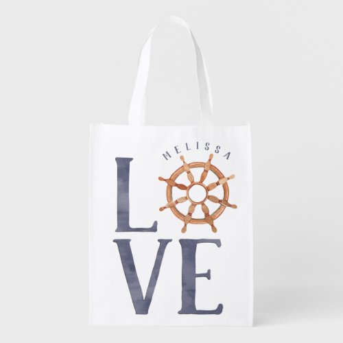Watercolor Typography Ships Wheel  Nautical LOVE Grocery Bag