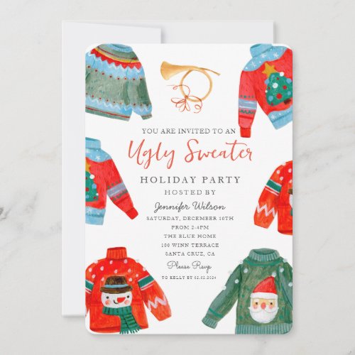 Watercolor Ugly Sweater Holiday Party  Invitation