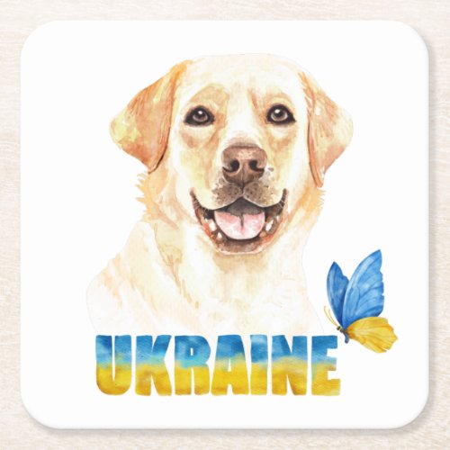 Watercolor Ukraine Yellow Lab and Butterfly  Square Paper Coaster