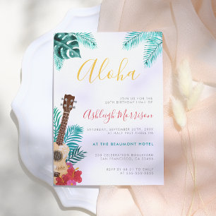 Watercolor Ukulele Tropical Birthday Luau Party Invitation