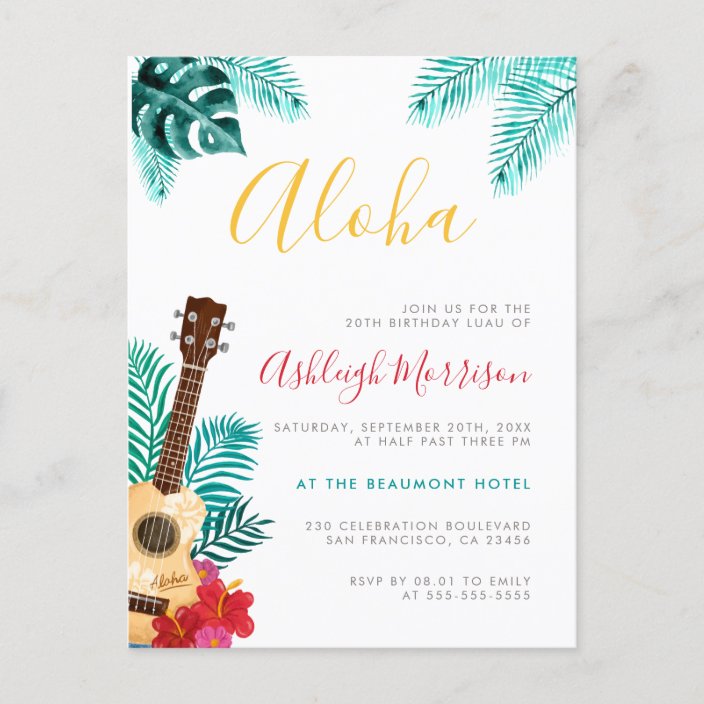 Watercolor Ukulele Tropical Birthday Luau Party Invitation Postcard Zazzle Com