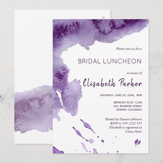 Watercolor ultra violet indigo bridal luncheon invitation (Front/Back)