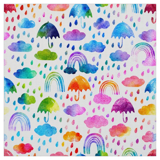 Watercolor Umbrella Rainy Day Rainbows Girls Fabric (Swatch)