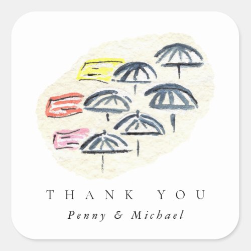 Watercolor Umbrellas Beach Thank You Favor Square Sticker