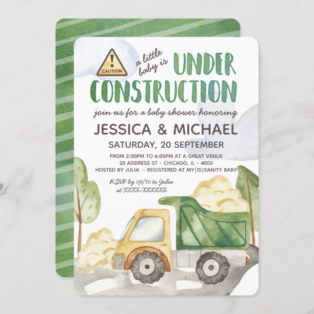 Watercolor Under Construction Truck Baby Shower Invitation (Front/Back)