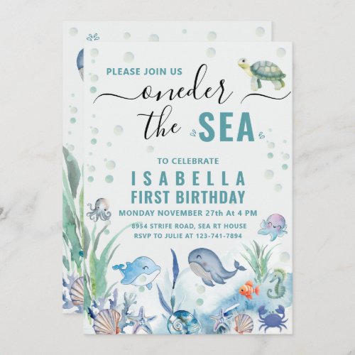 Watercolor under the sea 1st birthday invitation
