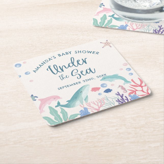 Watercolor Under the Sea Baby Shower Square Paper Coaster (Angled)