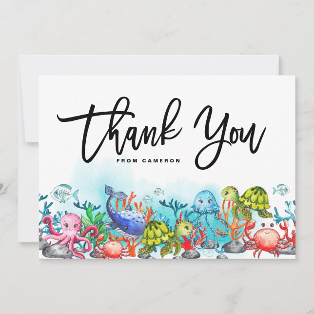 Watercolor Under the Sea Birthday Party Thank You Card (Front)