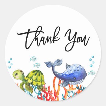 Watercolor Under The Sea Birthday Thank You Classic Round Sticker by KeikoPrints at Zazzle