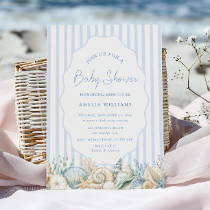 Watercolor Under The Sea Blue Stripes Baby Shower Invitation