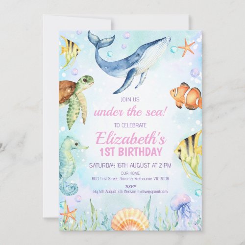 Watercolor Under the Sea Creatures 1st Birthday Invitation