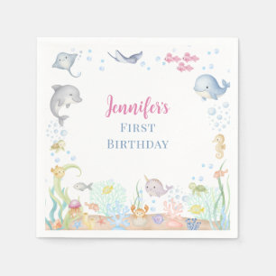 Watercolor Under the Sea Girl 1st Birthday Napkins