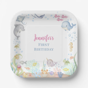 Watercolor Under the Sea Girl First Birthday Paper Plates