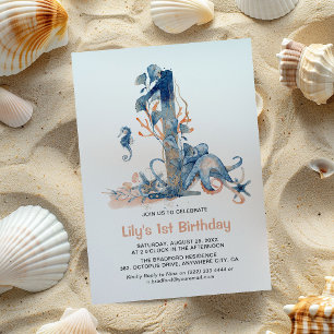 Watercolor Under-the-Sea Girl's 1st Birthday Invitation