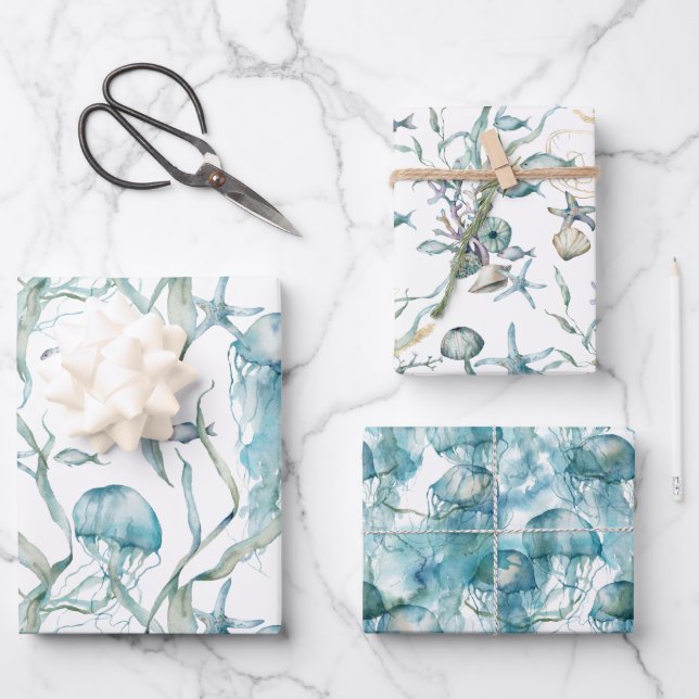 Watercolor Under the Sea Jellyfish Gift Wrap Paper (Front)