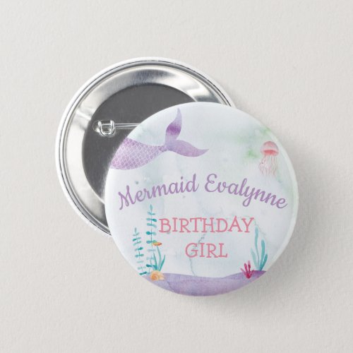 Watercolor Under the Sea Mermaid Birthday Girl Button