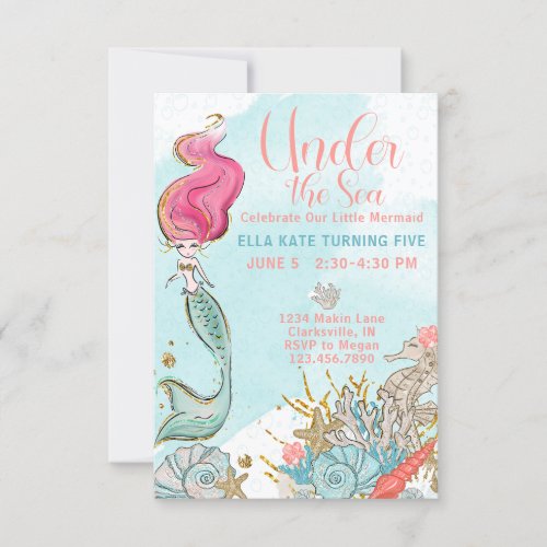 Watercolor Under the Sea Mermaid Birthday Party Invitation