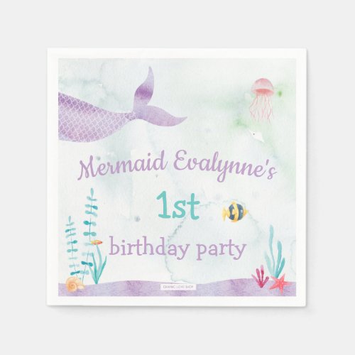 Watercolor Under the Sea Mermaid Birthday Party Napkins