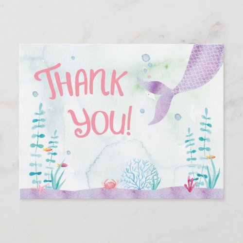 Watercolor Under the Sea Mermaid Thank You Postcard