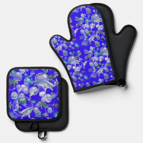 Watercolor Under the Sea  Oven Mitt  Pot Holder Set