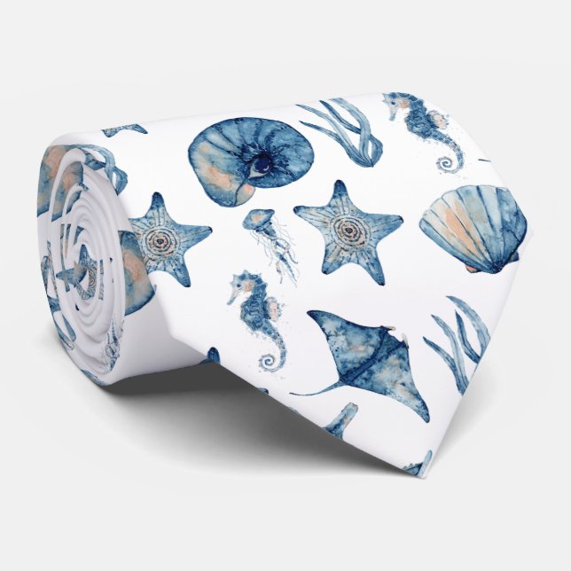 Watercolor Under The Sea Pattern Neck Tie (Rolled)