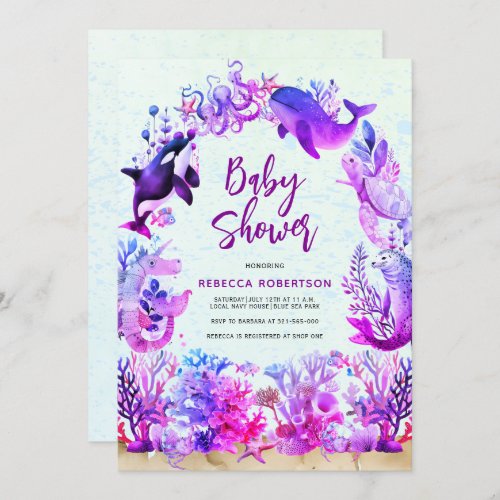 Watercolor under the sea purple girl Baby Shower Invitation