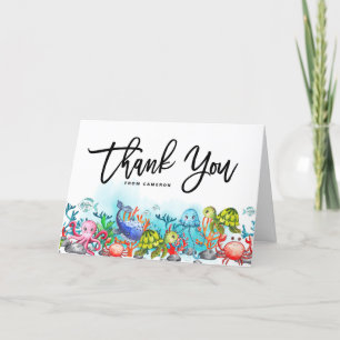 Watercolor Under the Sea Theme Birthday Party Letterpress Thank You Card