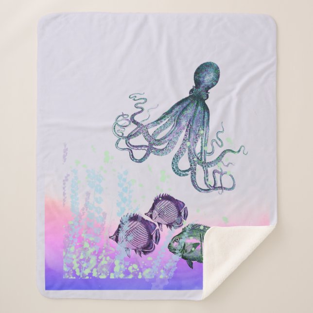 Watercolor Undersea Octopus Fish Sea Ocean Life Sherpa Blanket (Front)