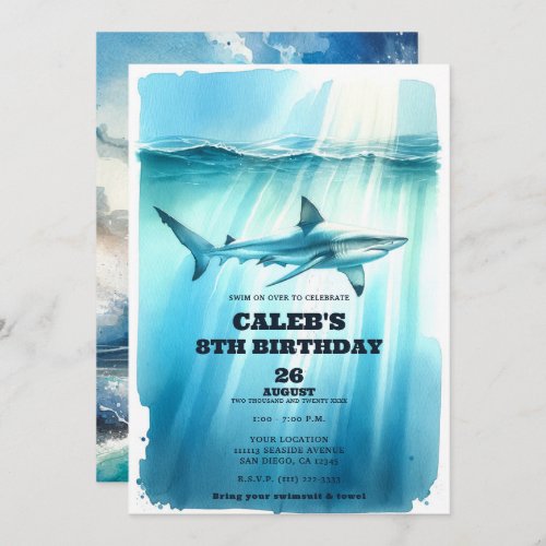 Watercolor Underwater Ocean Shark Birthday Party  Invitation