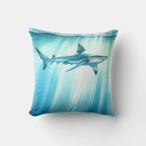 Watercolor Underwater Ocean Shark  Throw Pillow