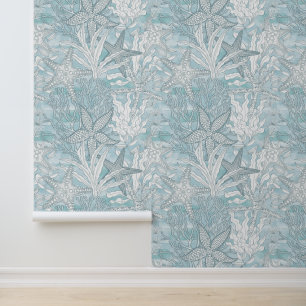 Watercolor Underwater Plants Starfish Blue Coastal Wallpaper