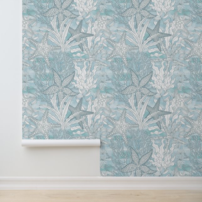 Watercolor Underwater Plants Starfish Blue Coastal Wallpaper (Application)