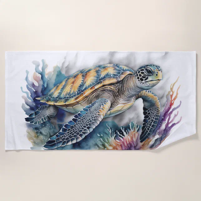 Watercolor Underwater Reef Scene Sea Turtle Beach Towel Zazzle